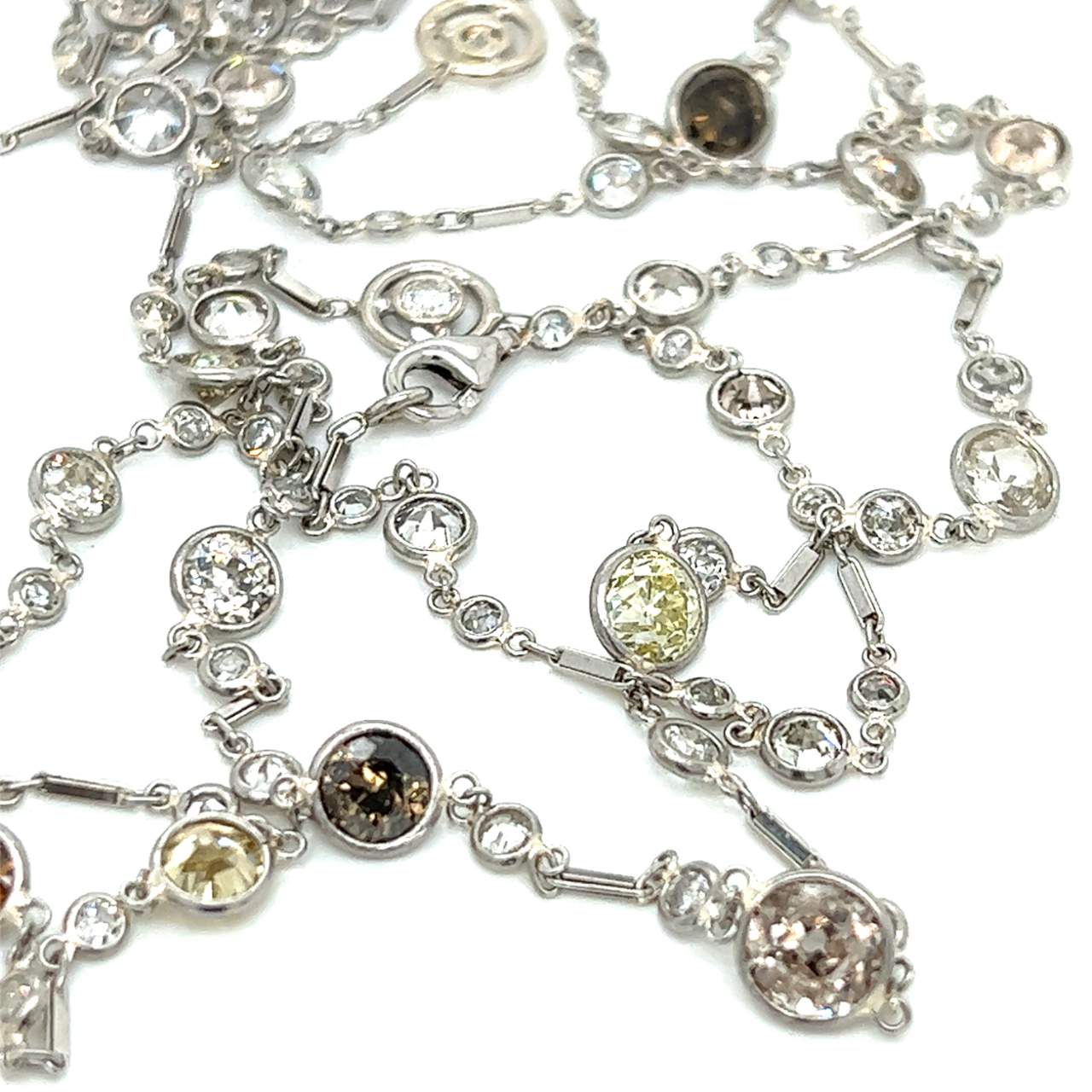Art Deco Platinum 16.50 Ct. White & Natural Color Diamond by the Yard Necklace