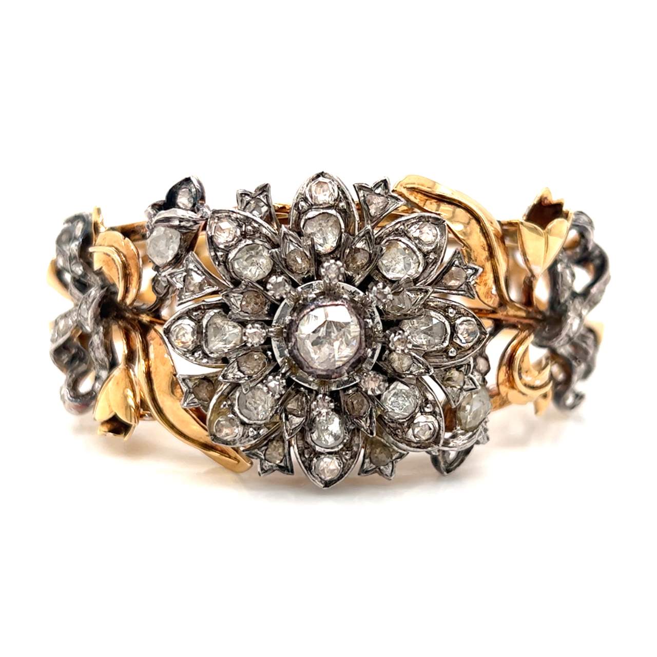 Antique 18K Rose Gold & Silver Top Diamond Bangle