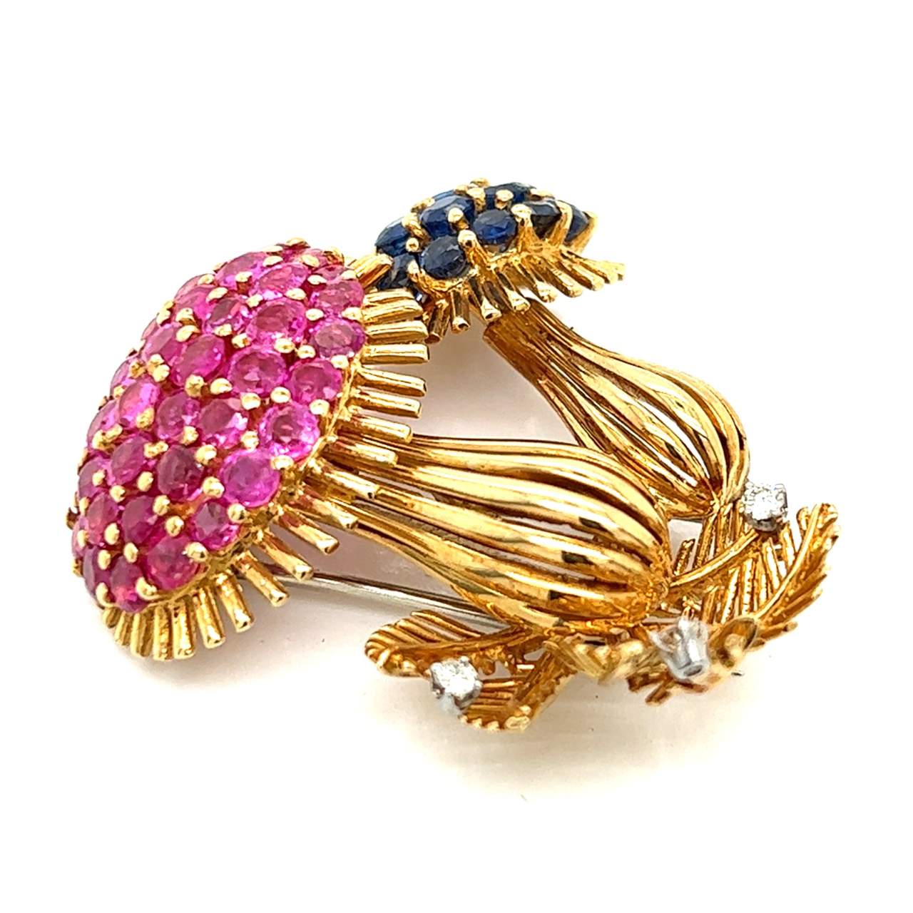 18K Yellow Gold Signed Diamond, Ruby, and Sapphire Mushroom Brooch