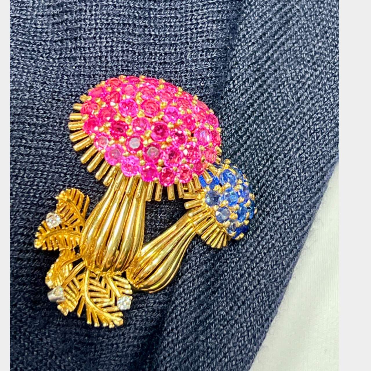 18K Yellow Gold Signed Diamond, Ruby, and Sapphire Mushroom Brooch