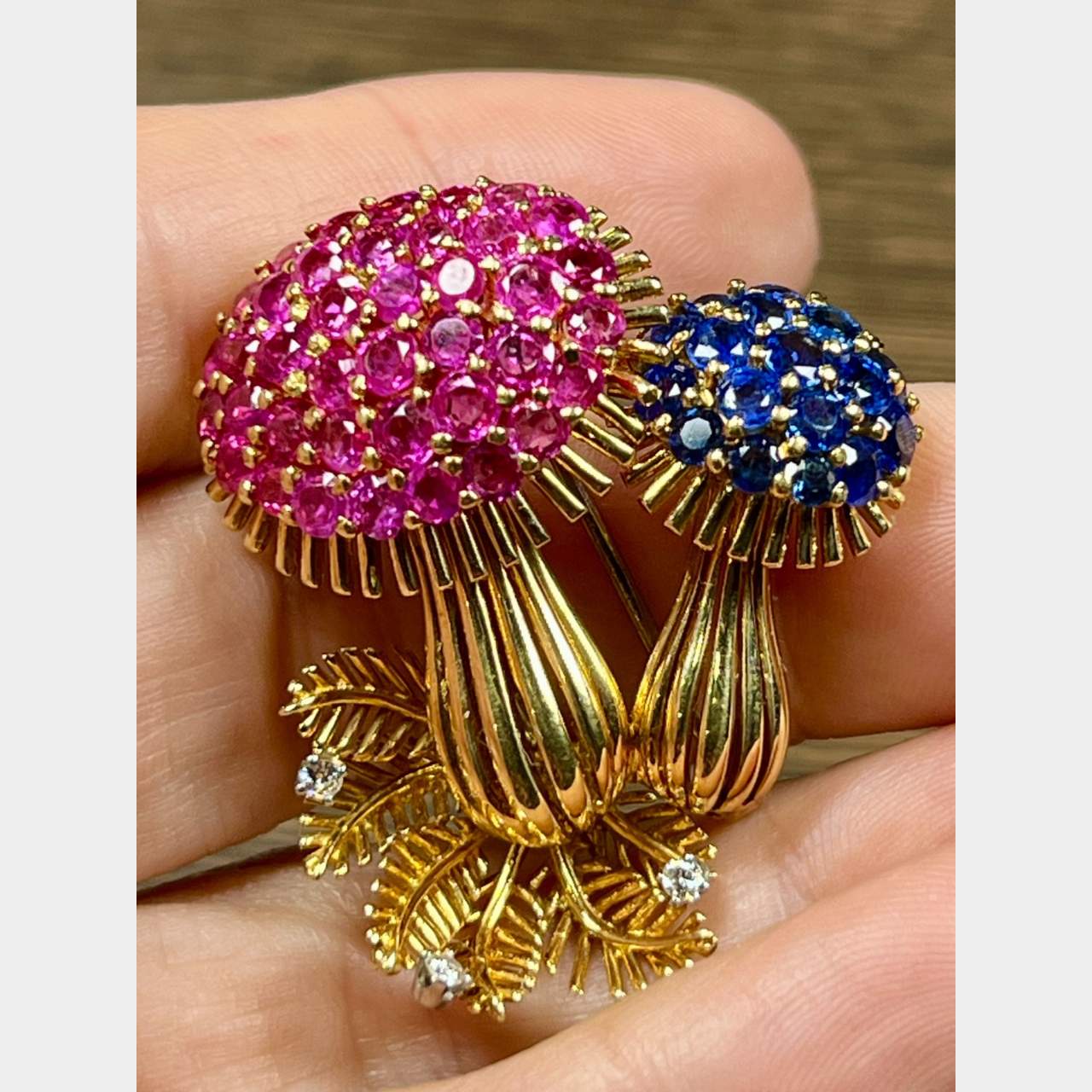 18K Yellow Gold Signed Diamond, Ruby, and Sapphire Mushroom Brooch