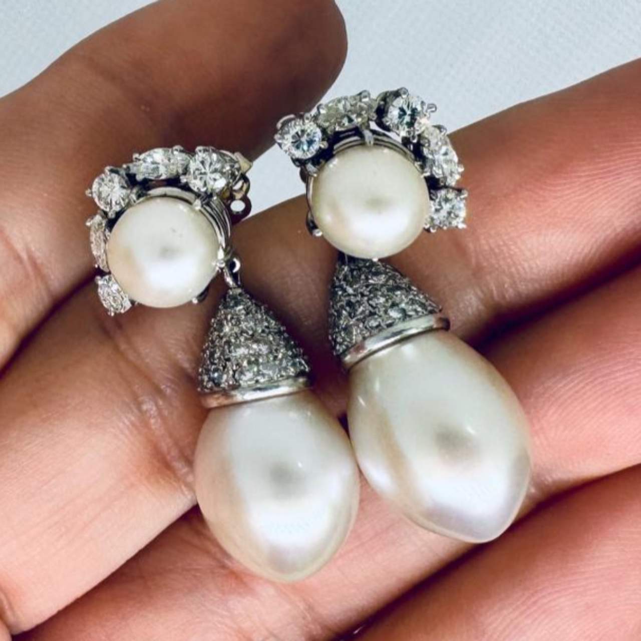Art Deco Platinum Diamond & South Sea Pearl Earrings