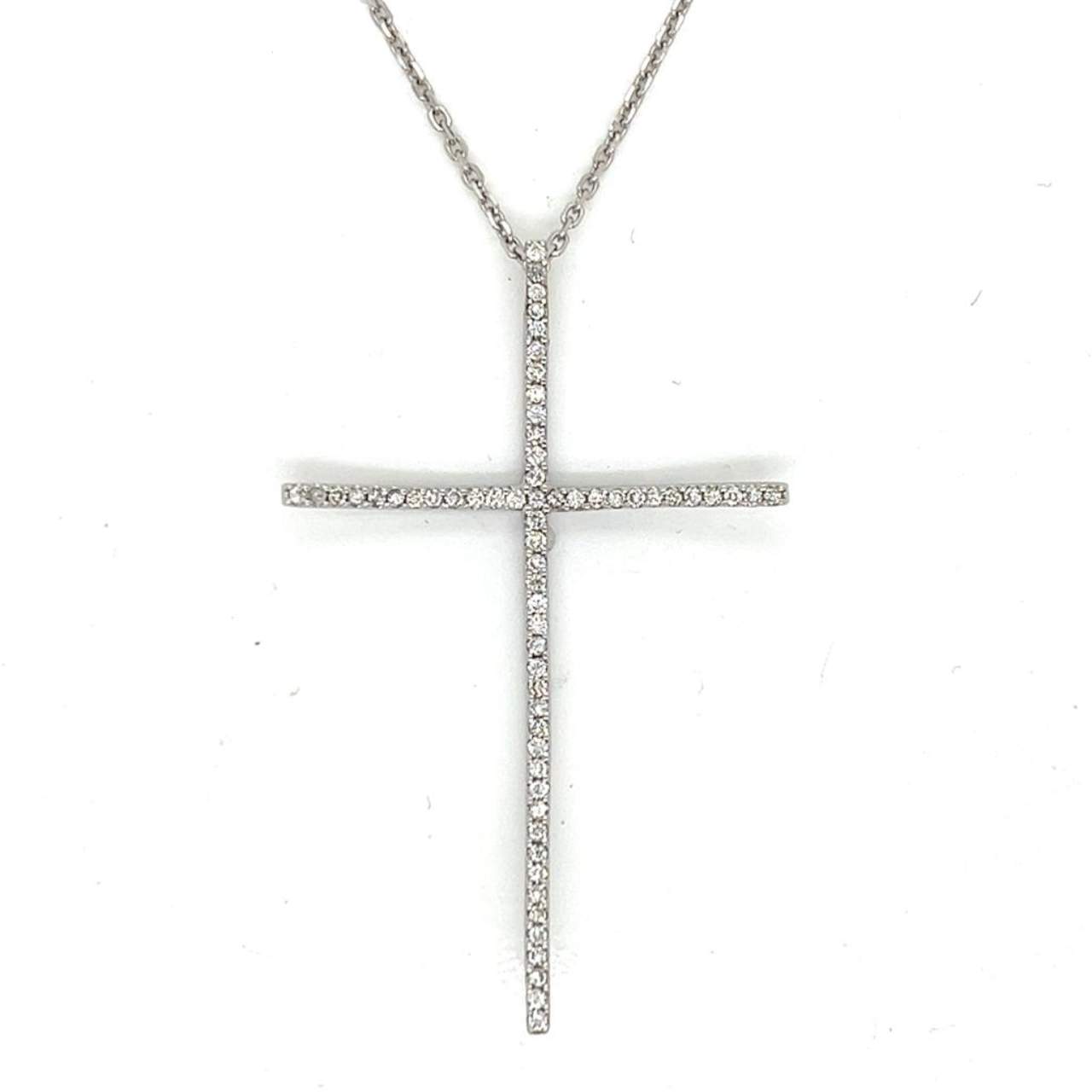 14K White Gold 0.80 Ct. Curved Diamond Cross Necklace