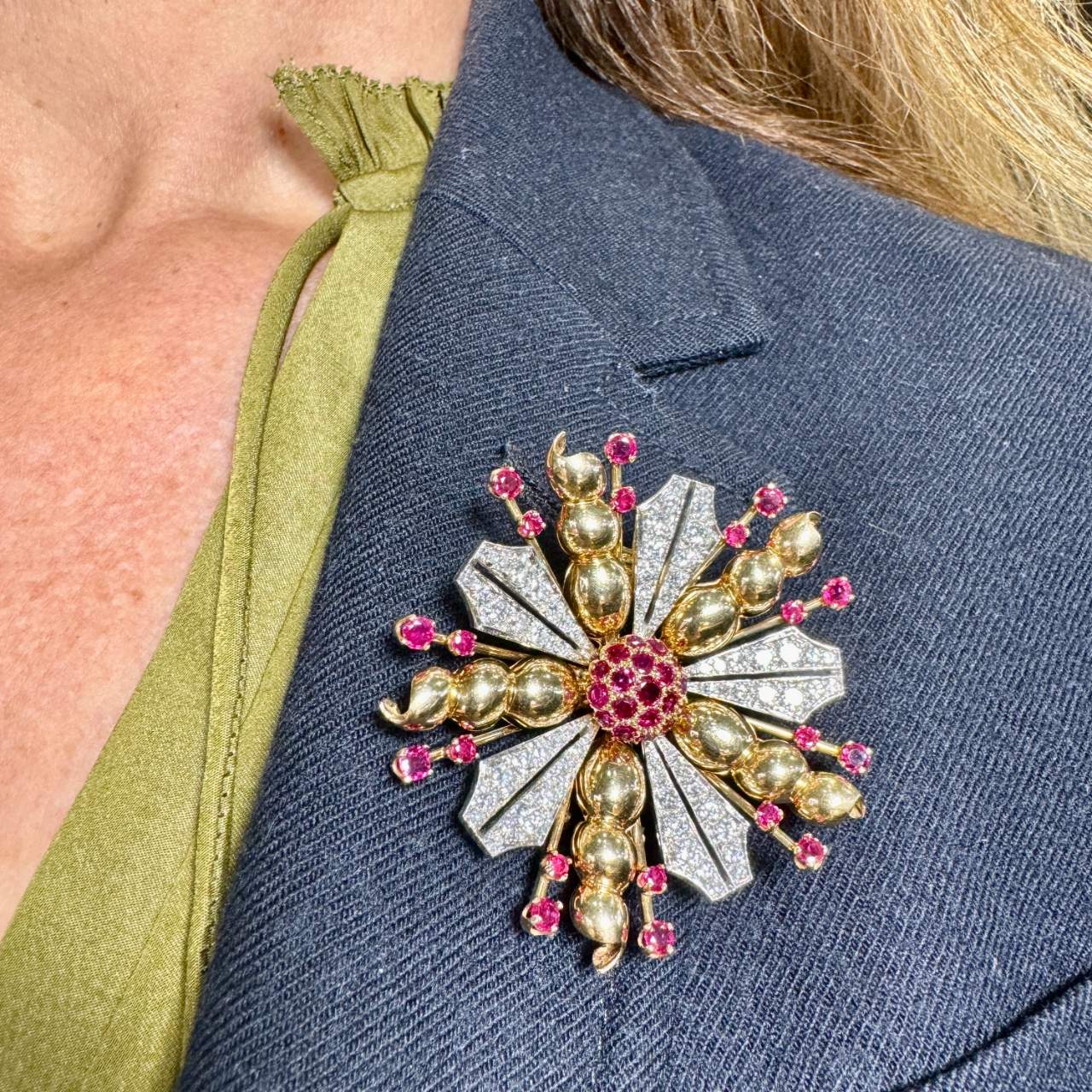 Retro 14K Yellow Gold Burma Ruby & Diamond Brooch