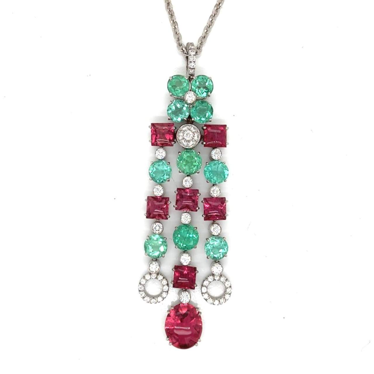 18K White Gold CISGEM Certified Rubelite, Emerald, and Diamond Necklace