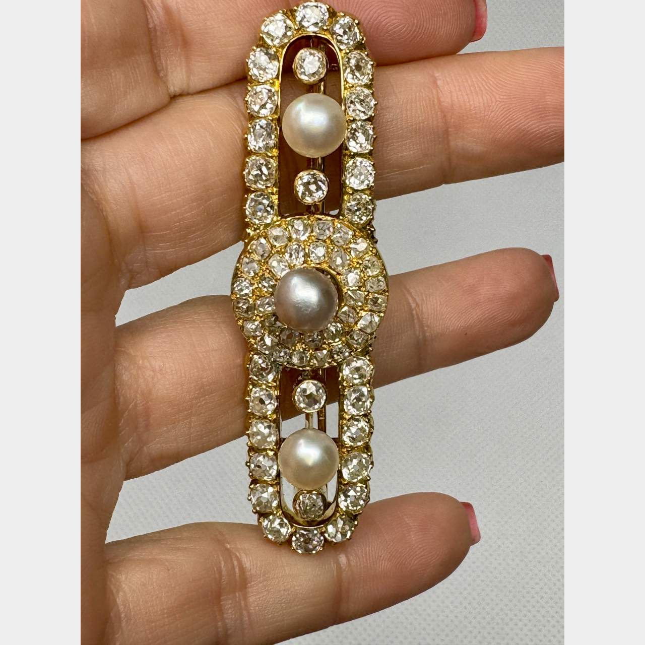 Antique French 18K 11.50 Ct. Diamond & Pearl Brooch