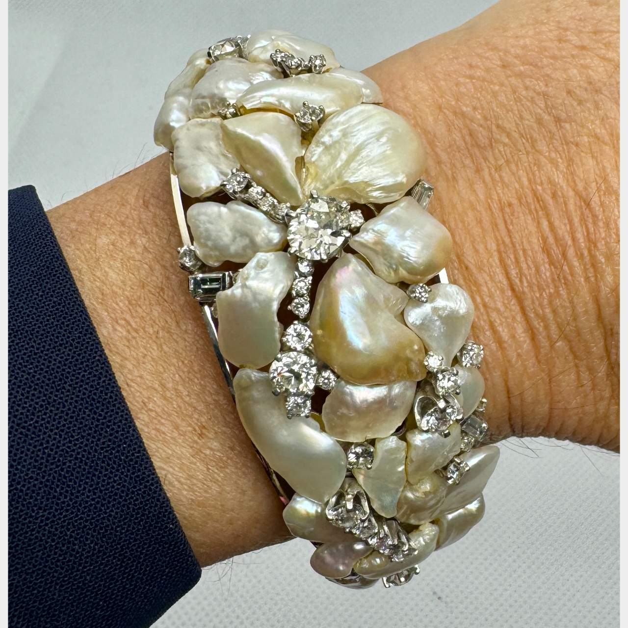 1960’s 14K White Gold Baroque Pearl & Diamond Bangle