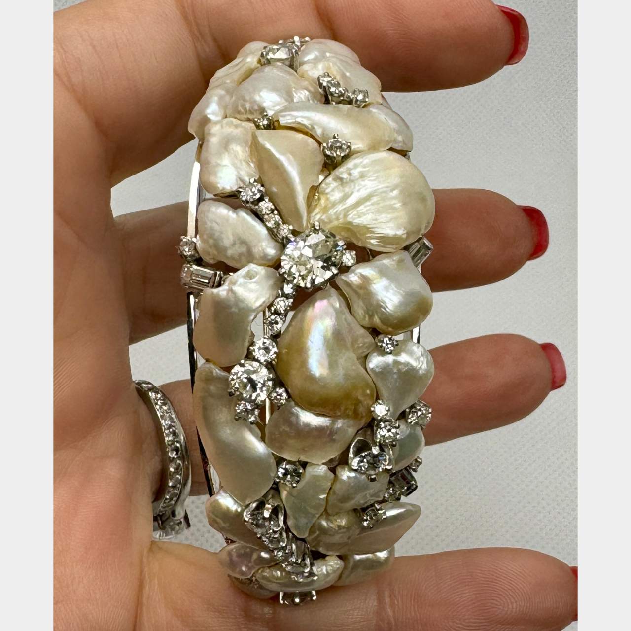 1960’s 14K White Gold Baroque Pearl & Diamond Bangle