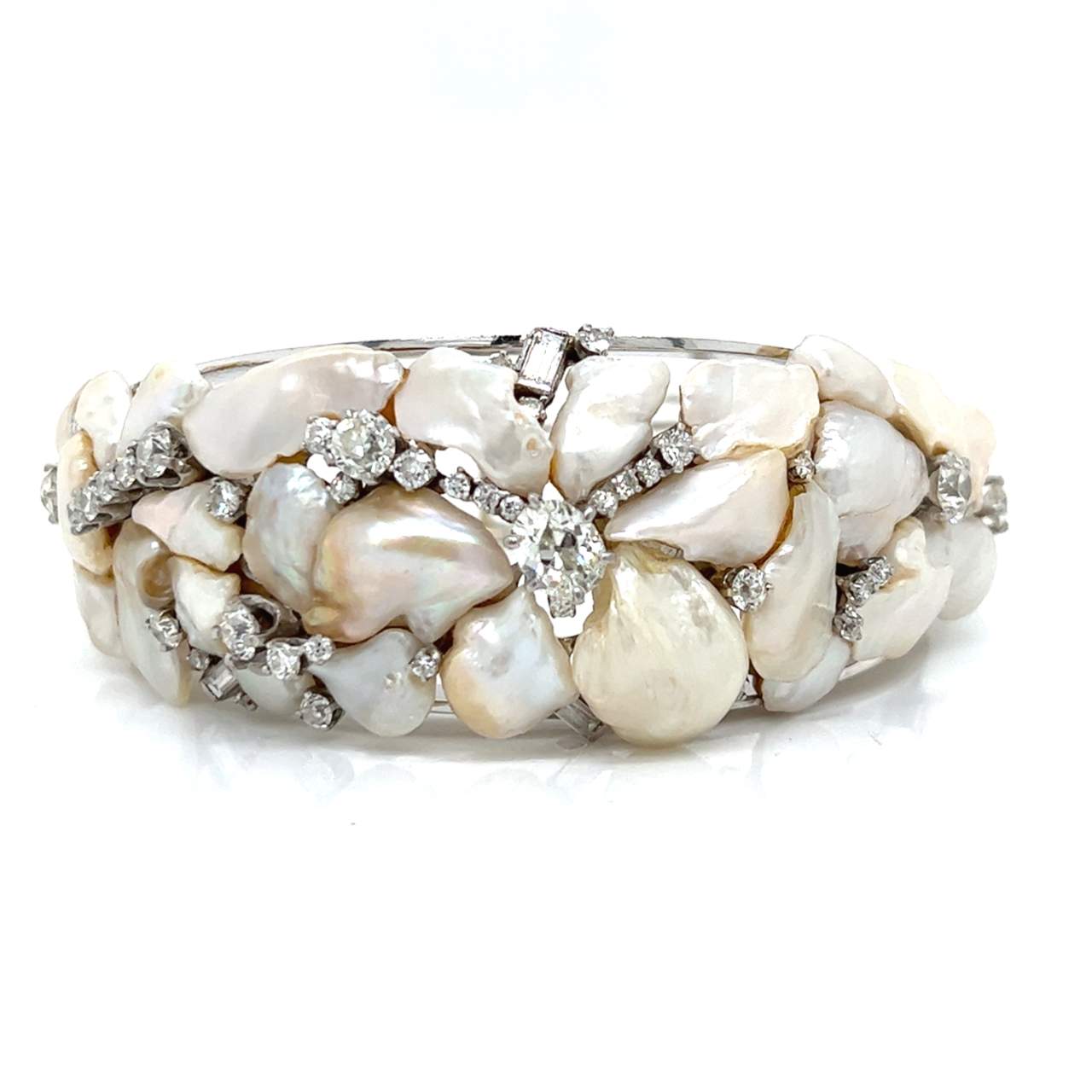 1960’s 14K White Gold Baroque Pearl & Diamond Bangle