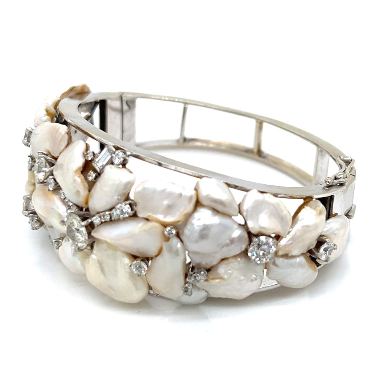 1960’s 14K White Gold Baroque Pearl & Diamond Bangle