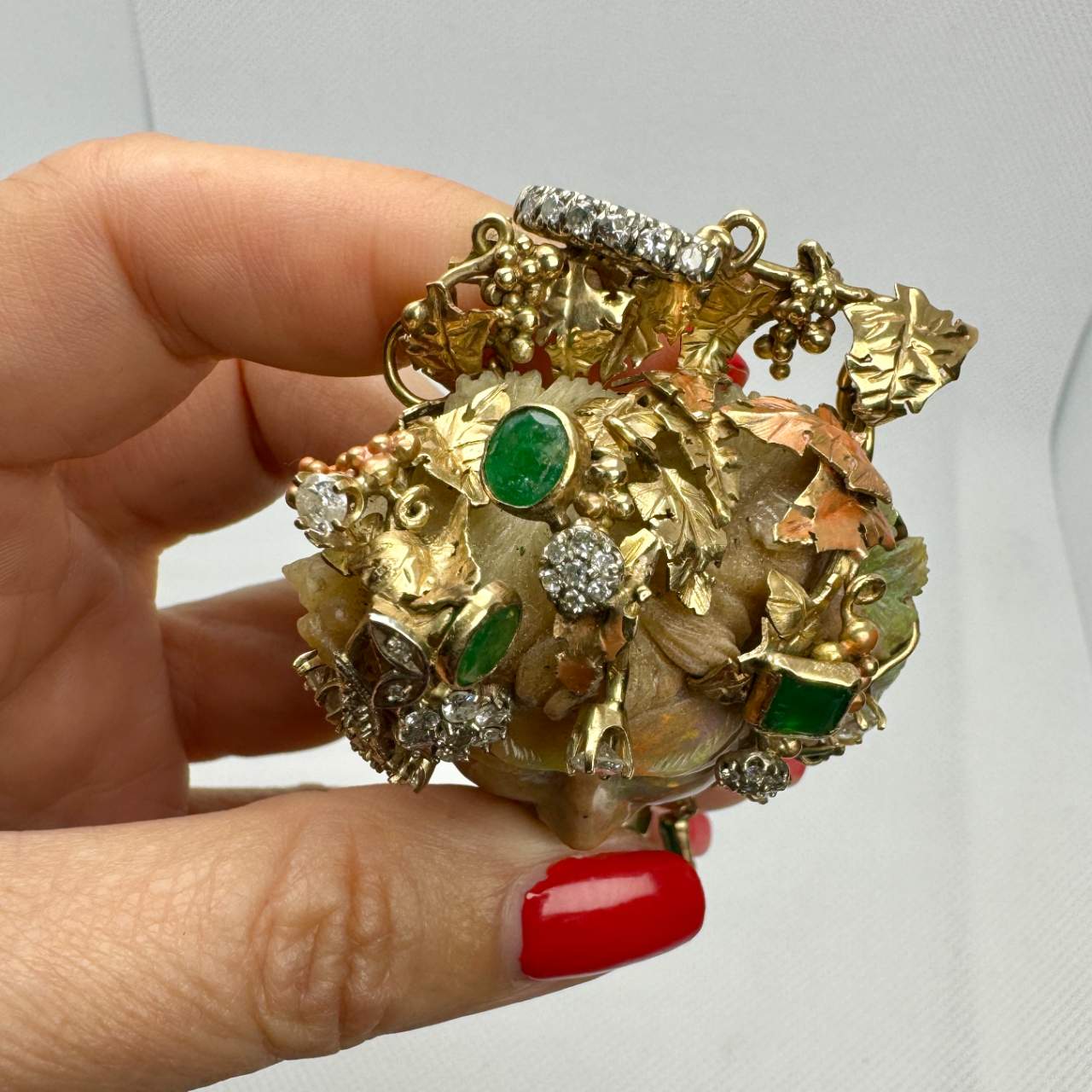 14K Yellow Gold Carved Opal Diamond & Emerald Brooch