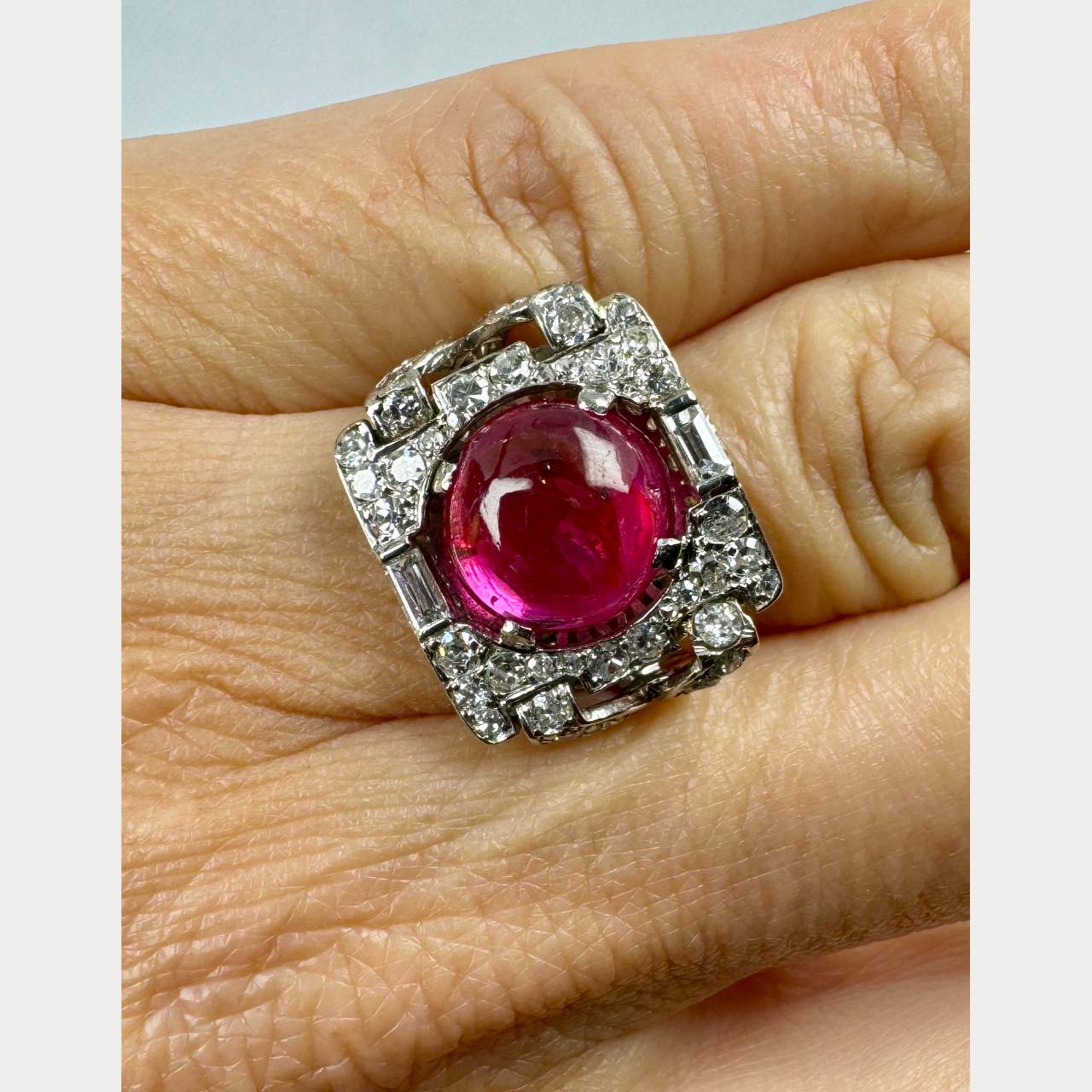 Art Deco Platinum Certified Burma No-heat Ruby & Diamond Ring