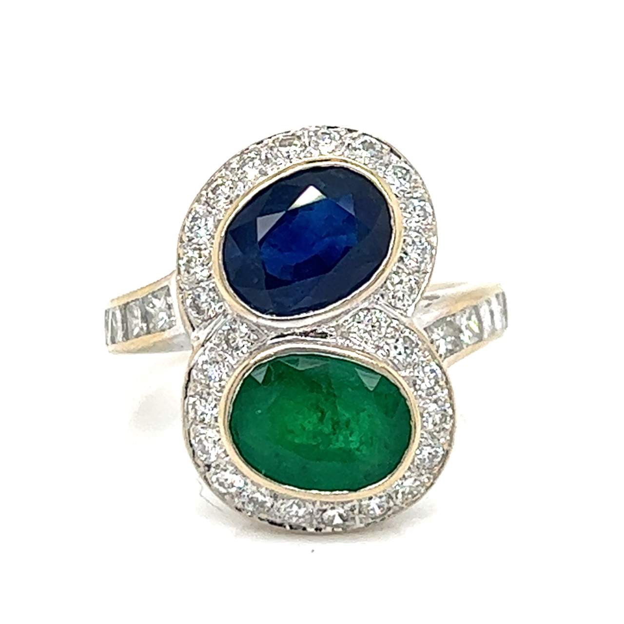 18K White Gold Sapphire, Emerald, and Diamond Ring