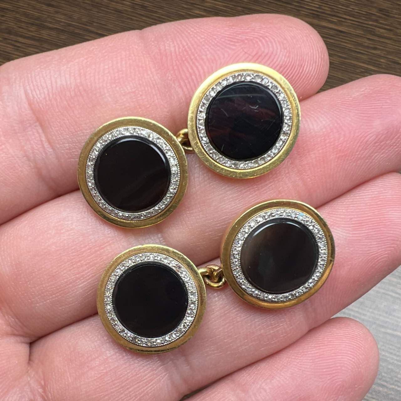 Antique French 18K Yellow Gold Onyx & Diamond Cufflinks