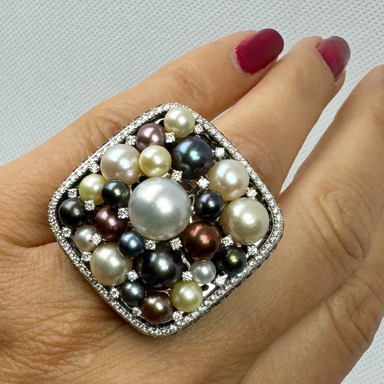 SALAVETTI 18K White Gold Cultured Pearl & Diamond Ring