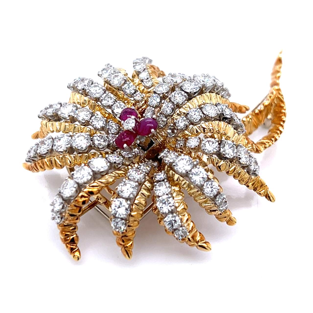 FRENCH 18K Yellow Gold Diamond & Ruby Flower Brooch