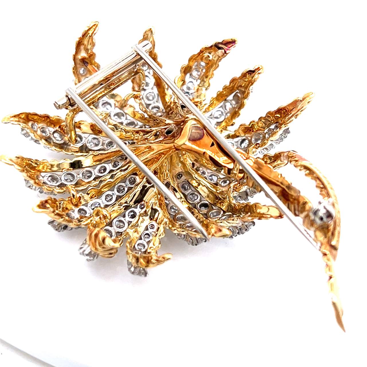 FRENCH 18K Yellow Gold Diamond & Ruby Flower Brooch