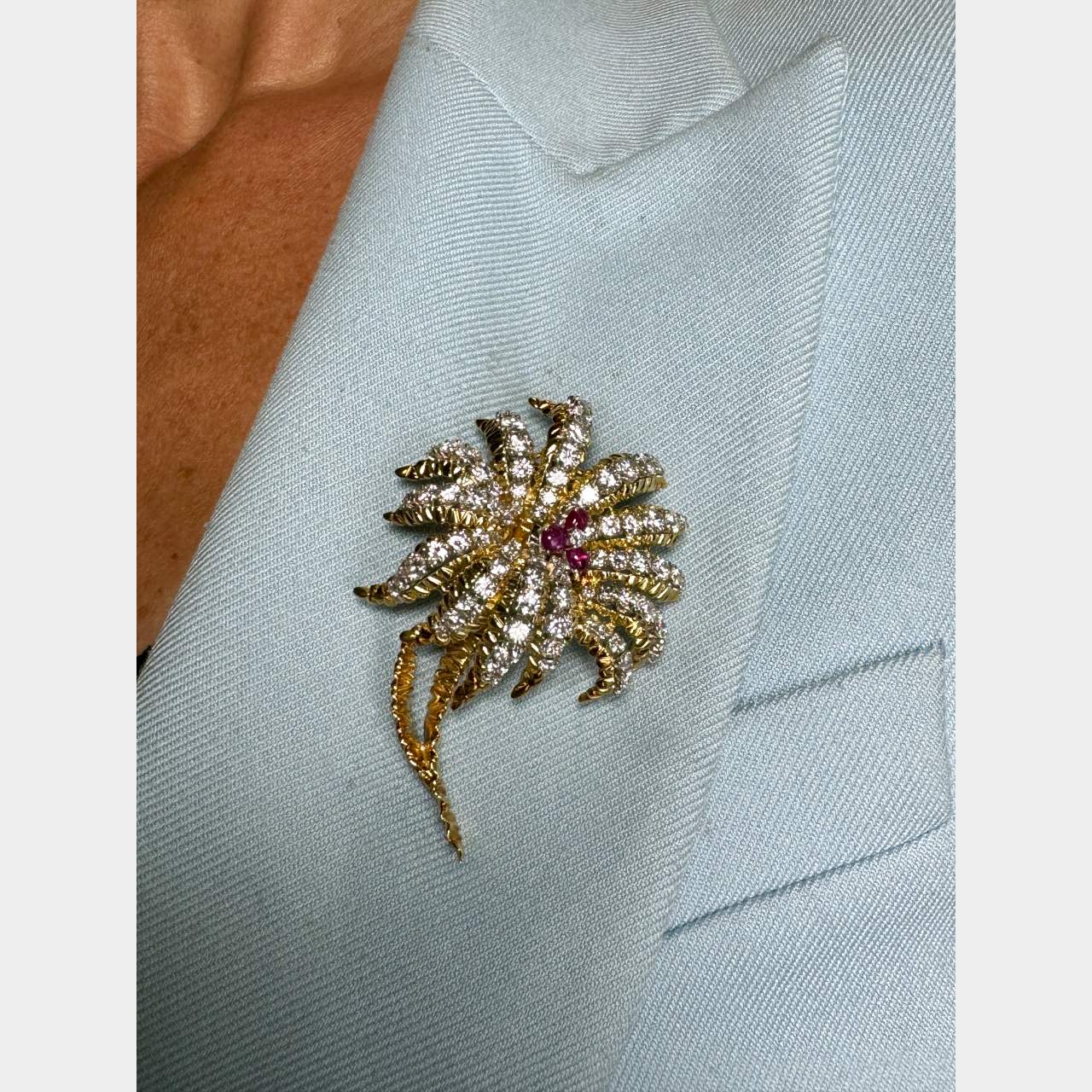 FRENCH 18K Yellow Gold Diamond & Ruby Flower Brooch