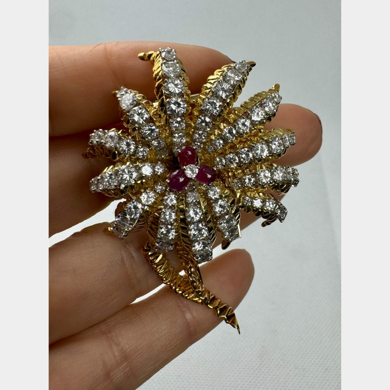 FRENCH 18K Yellow Gold Diamond & Ruby Flower Brooch
