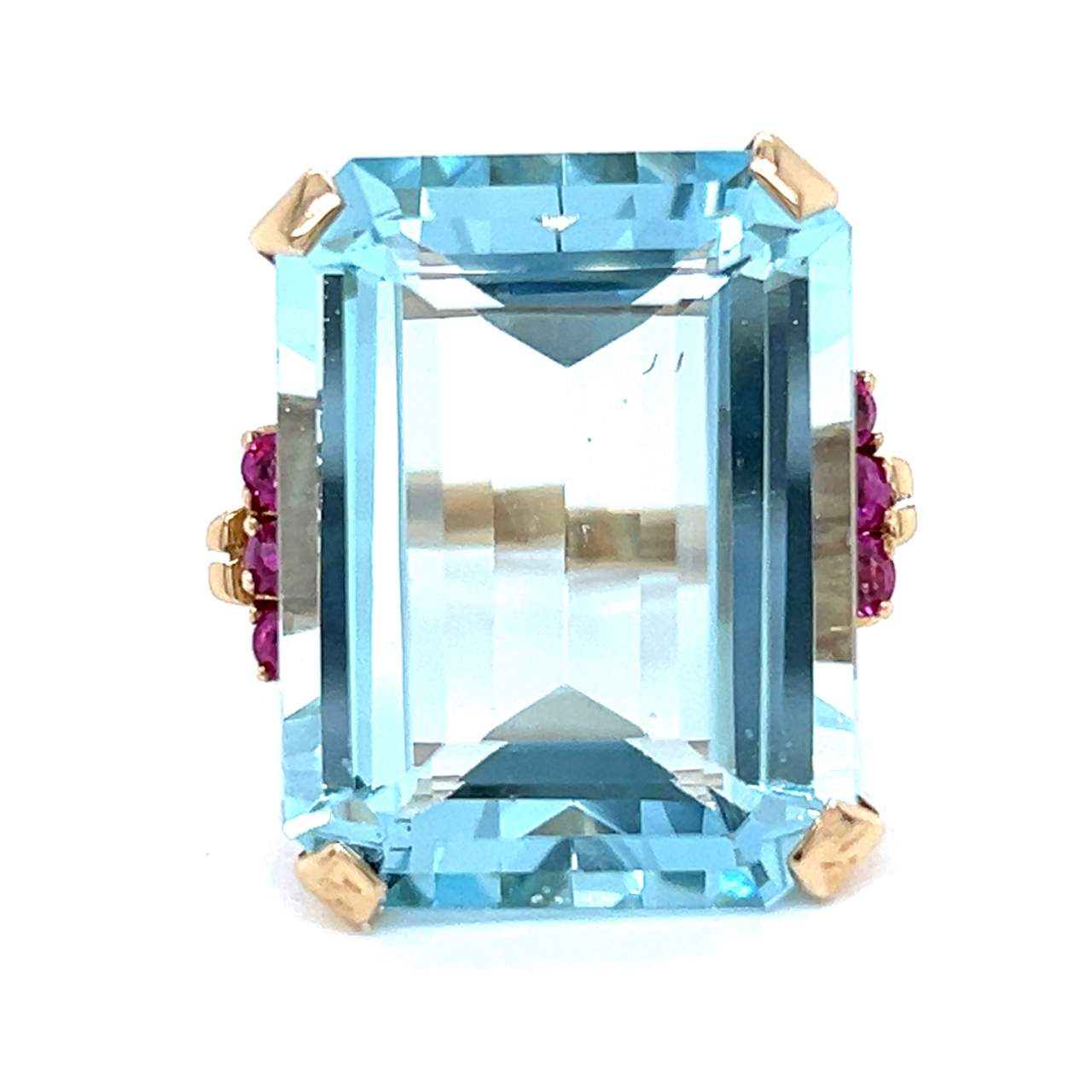 1960’s 14K Yellow Gold 32.00 Ct. Aquamarine & Burma Ruby Ring