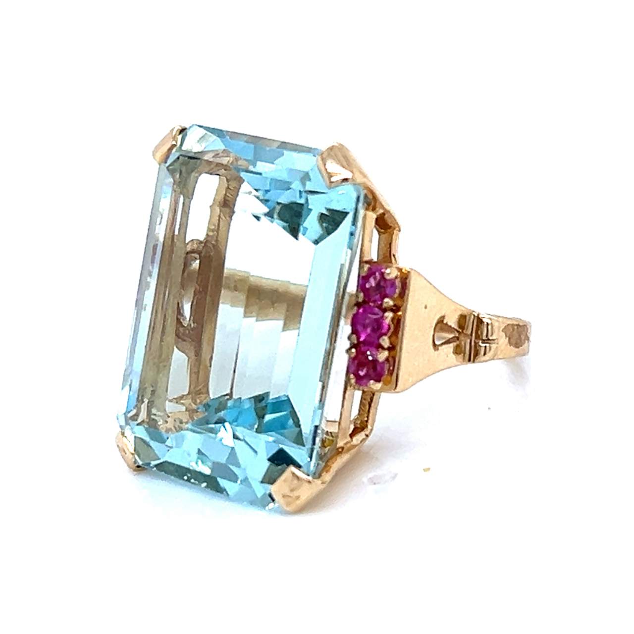 1960’s 14K Yellow Gold 32.00 Ct. Aquamarine & Burma Ruby Ring