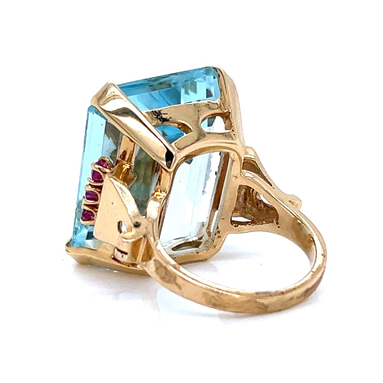 1960’s 14K Yellow Gold 32.00 Ct. Aquamarine & Burma Ruby Ring