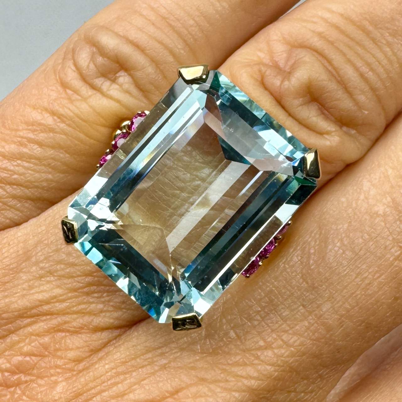 1960’s 14K Yellow Gold 32.00 Ct. Aquamarine & Burma Ruby Ring