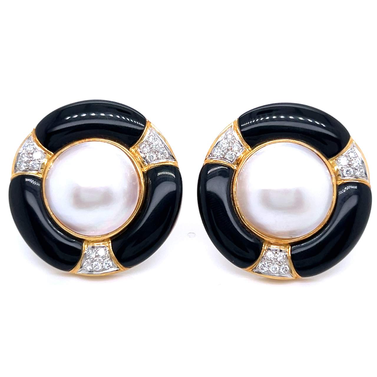 18K Yellow Gold Mabe Pearl, Diamond, & Onyx Earrings