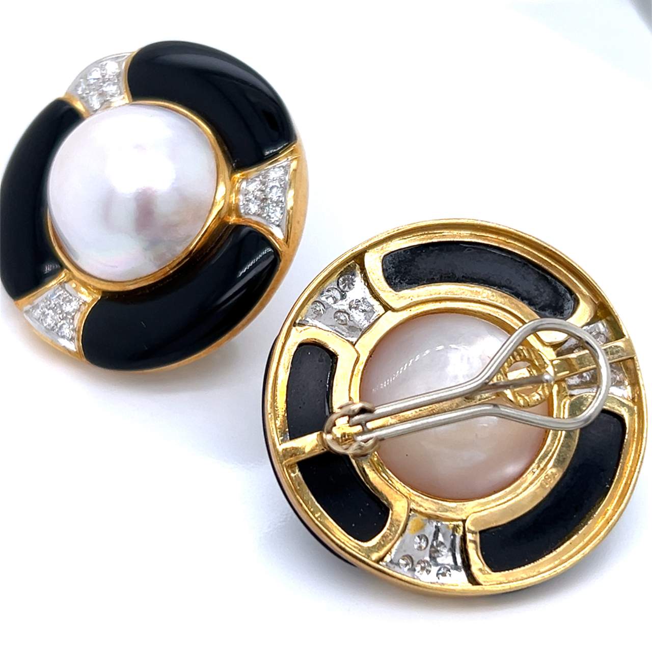 18K Yellow Gold Mabe Pearl, Diamond, & Onyx Earrings