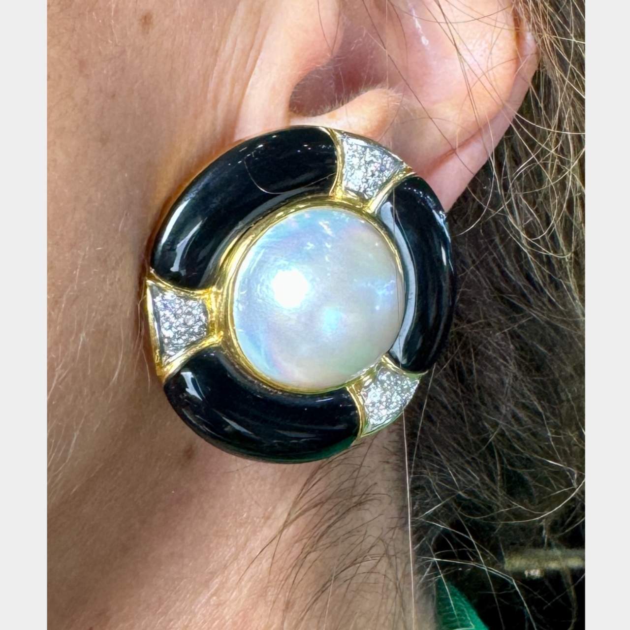 18K Yellow Gold Mabe Pearl, Diamond, & Onyx Earrings