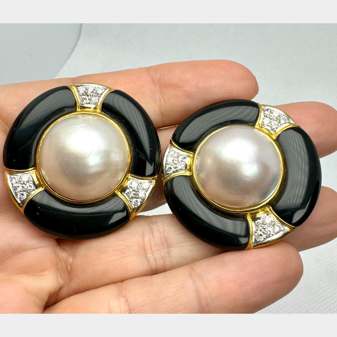 18K Yellow Gold Mabe Pearl, Diamond, & Onyx Earrings