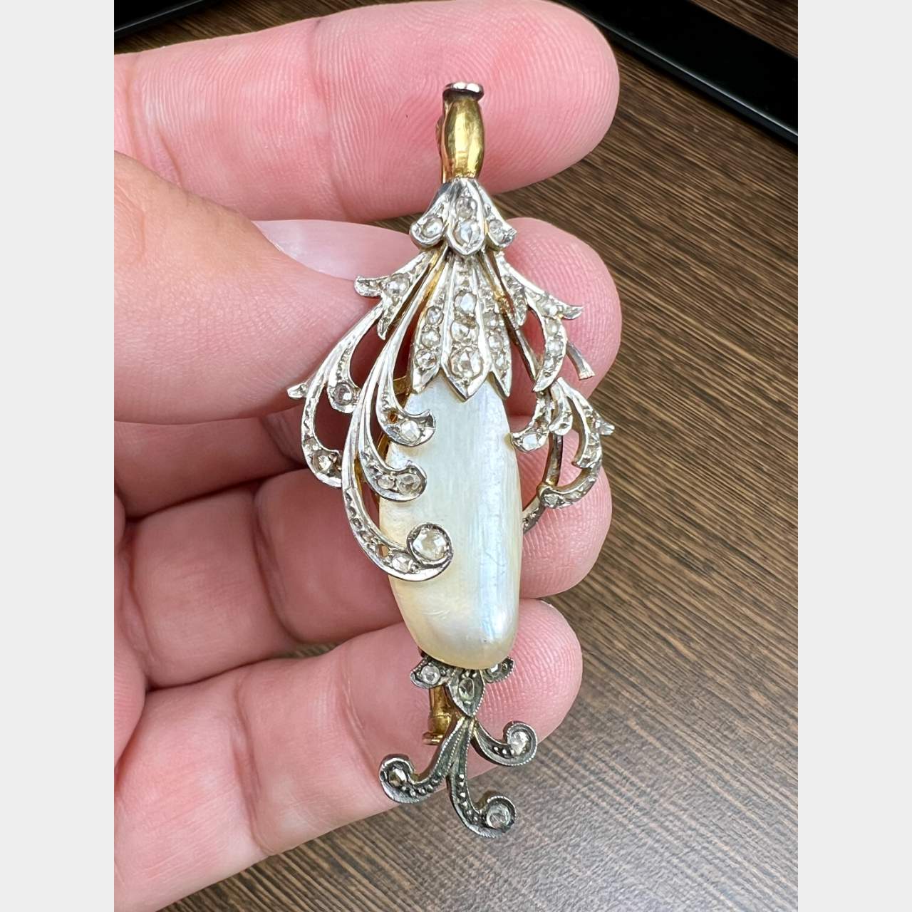 Victorian 18K & Platinum Natural Pearl and Diamond Brooch