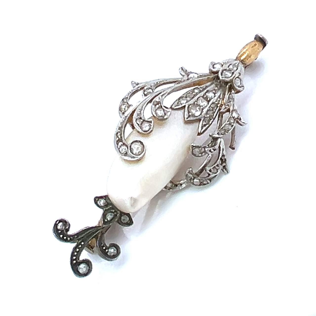 Victorian 18K & Platinum Natural Pearl and Diamond Brooch