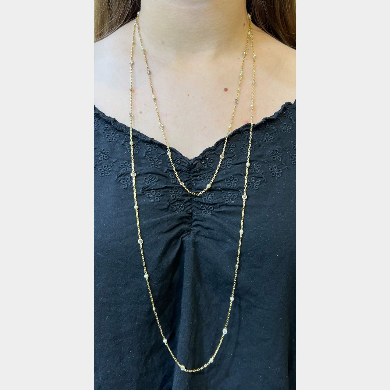 Victorian 18K Yellow Gold Diamond by the Yard Necklace with Natural Pearls