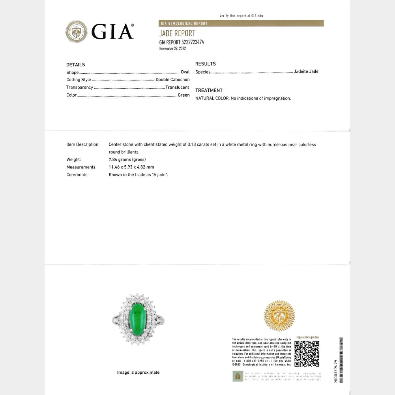 Platinum GIA Certified 3.13 Ct. Jade & Diamond Ring