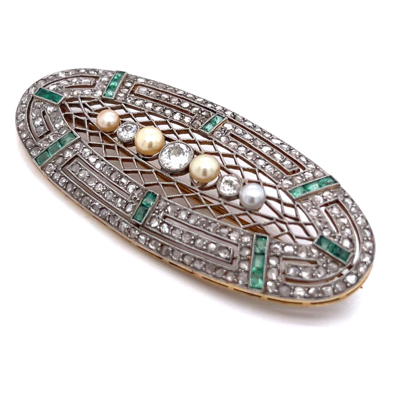 Antique 18K & Platinum Natural Pearl and Diamond Brooch