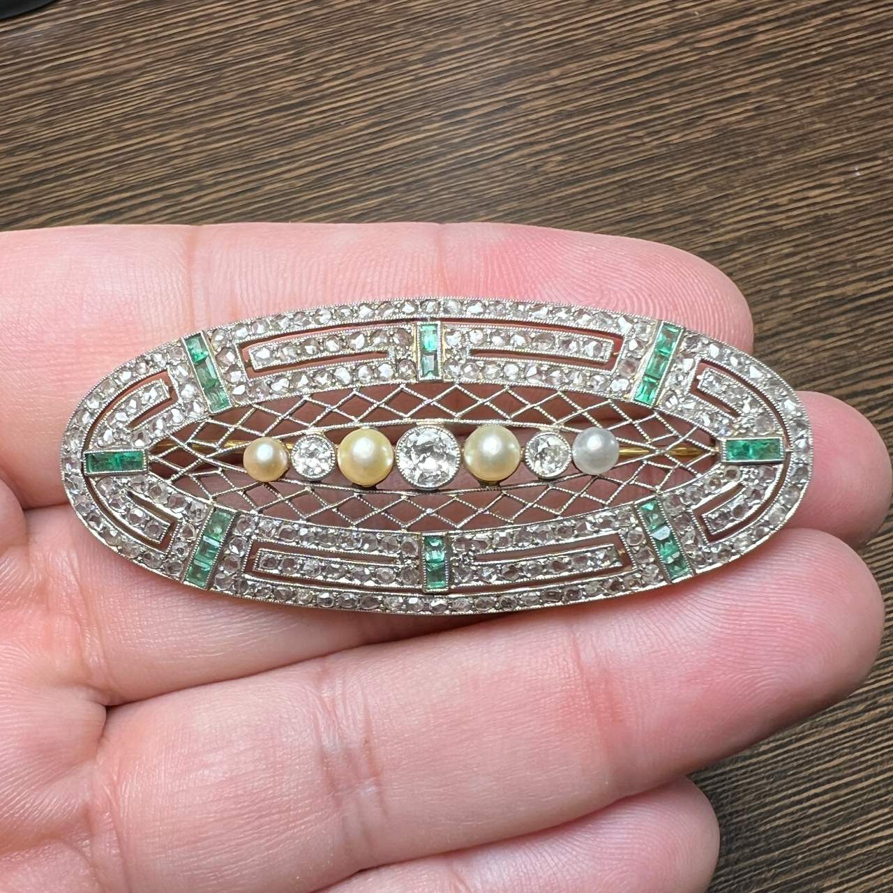 Antique 18K & Platinum Natural Pearl and Diamond Brooch