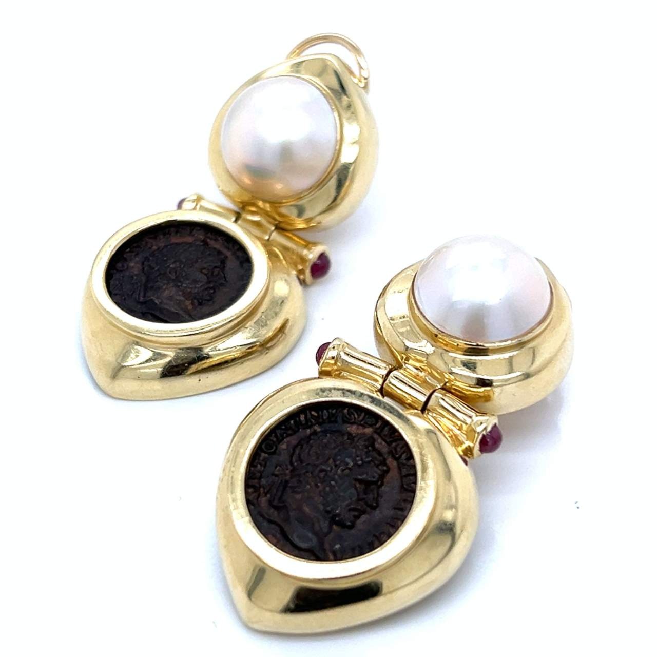 14K Yellow Gold Mabe Pearl, Ruby, and Roman Coin Earrings