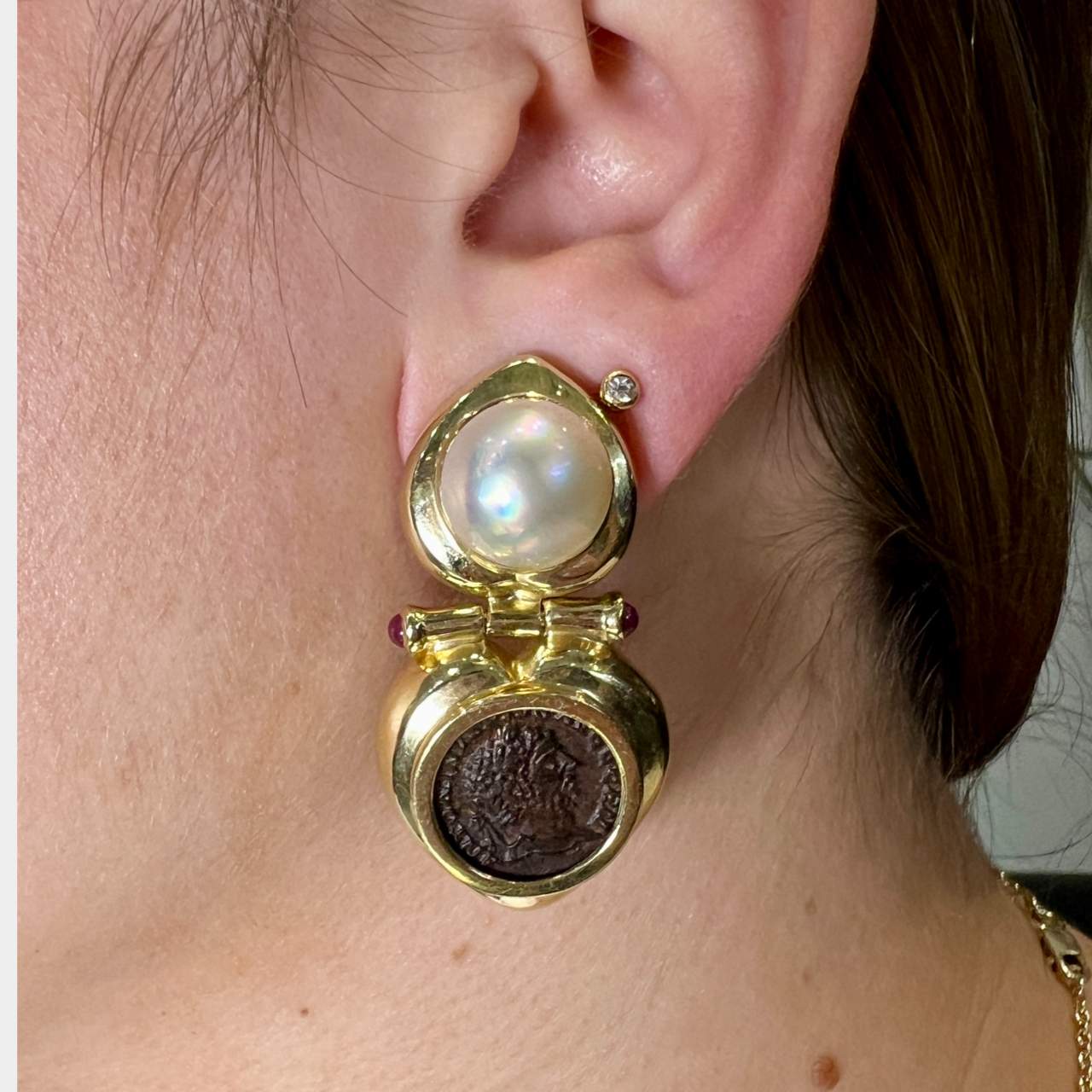 14K Yellow Gold Mabe Pearl, Ruby, and Roman Coin Earrings
