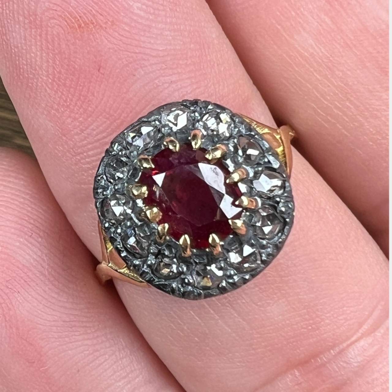 18K Yellow Gold & Silver Top Ruby and Diamond Ring