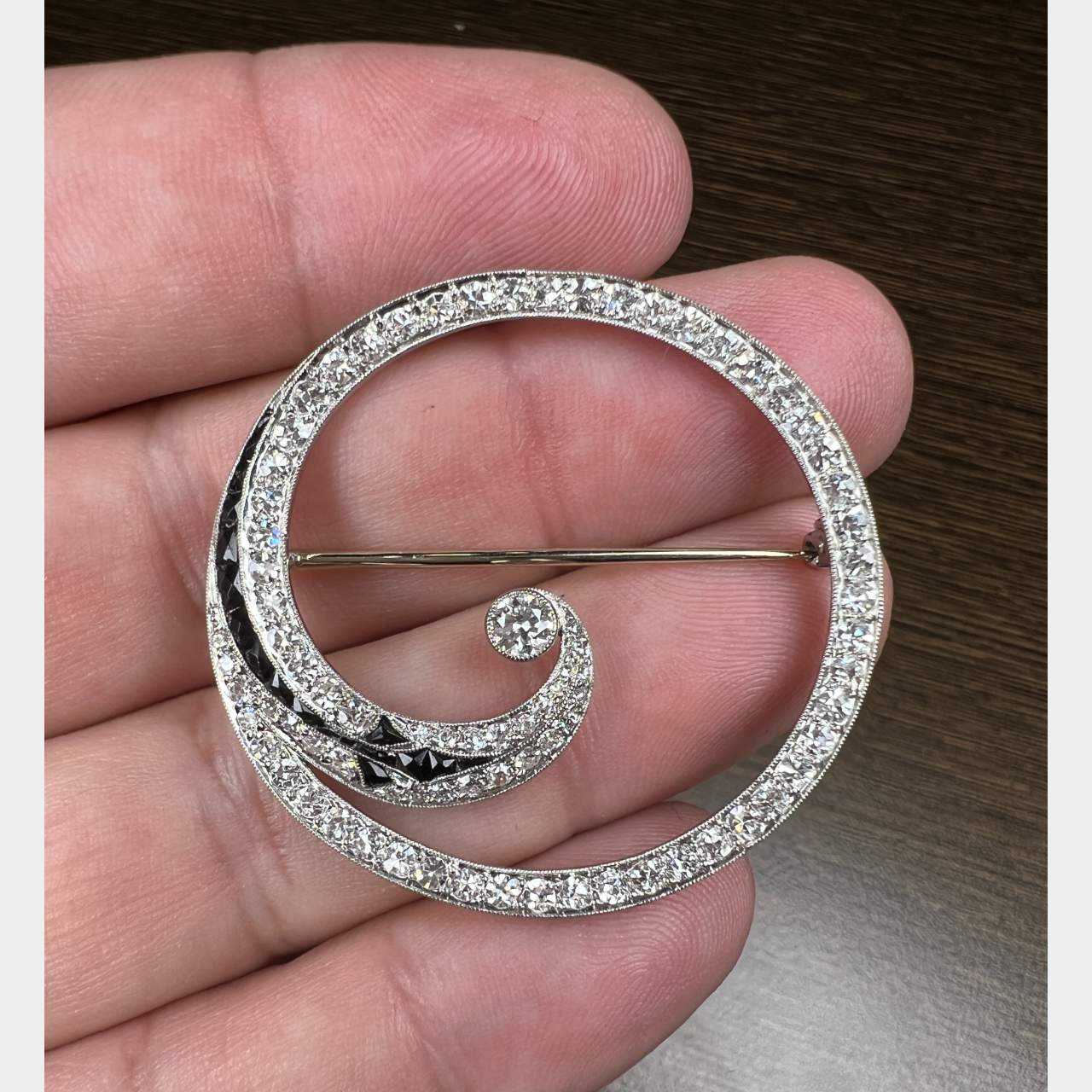 Art Deco Platinum Diamond & Onyx Brooch