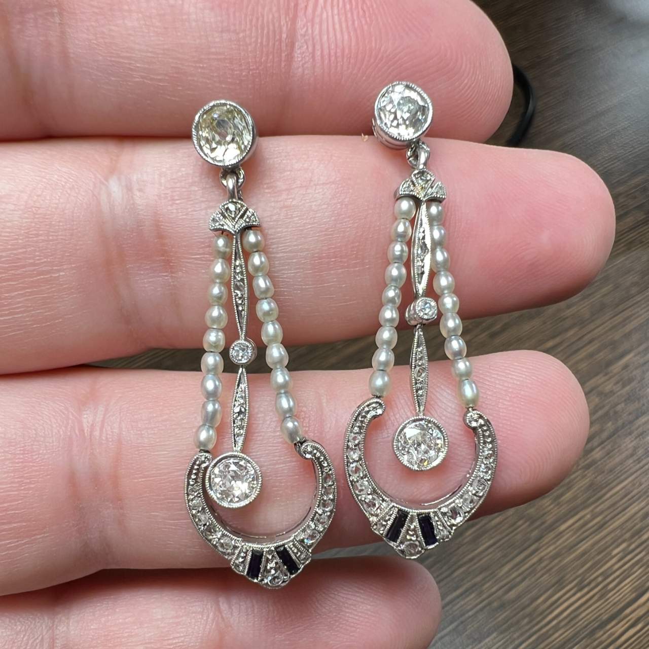 Art Deco Platinum Natural Pearl & Diamond Earrings