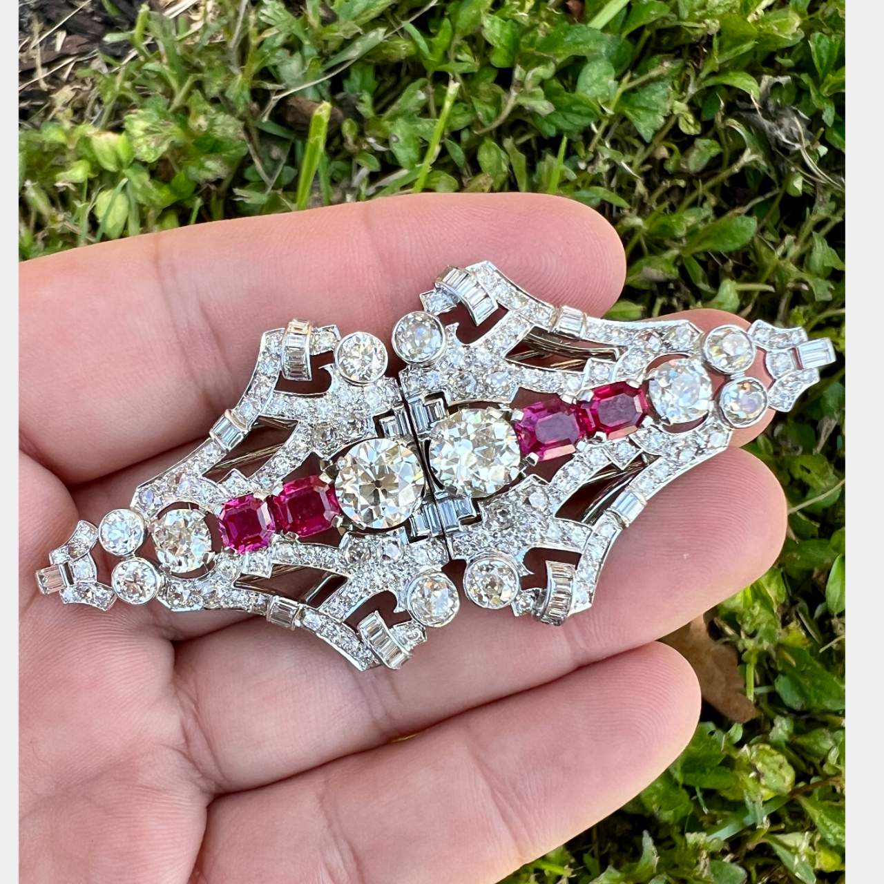 Art Deco Platinum Burma No heat Ruby & 14.30 Ct. Diamond Brooch/Clips
