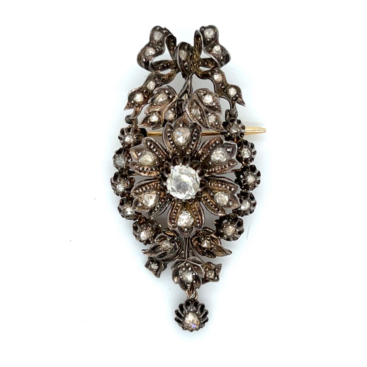Victorian 14K Yellow Gold & Silver Diamond Brooch