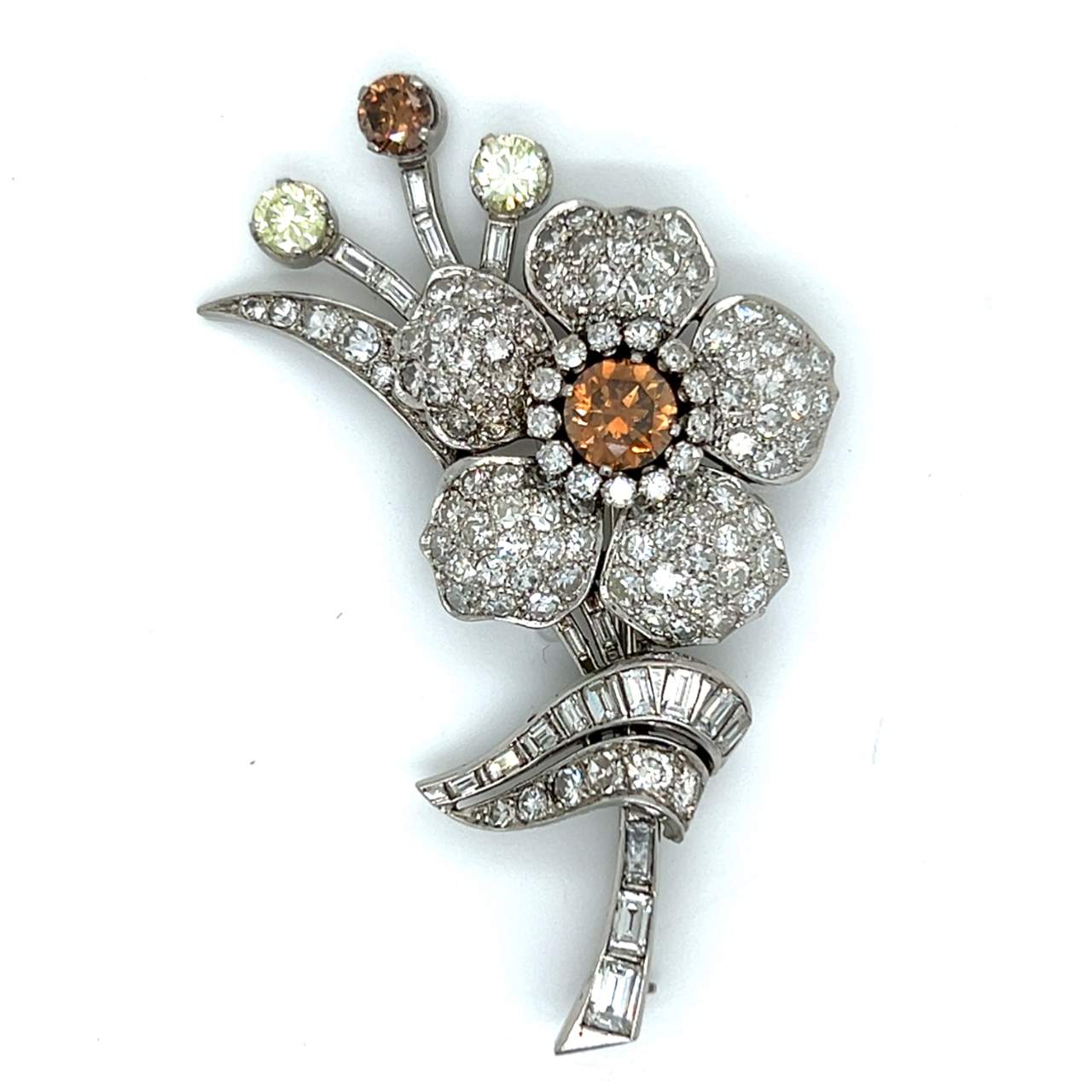Art Deco Platinum Natural Color Diamond Flower Brooch