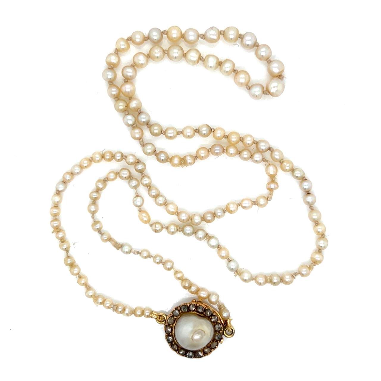 Victorian 18K Natural Pearl Necklace & Diamond Clasp
