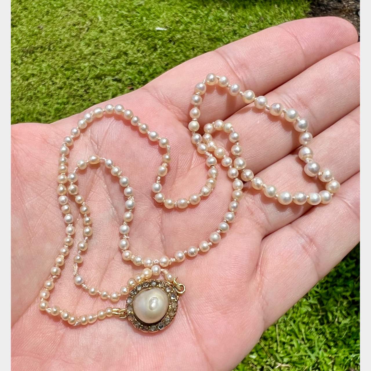 Victorian 18K Natural Pearl Necklace & Diamond Clasp