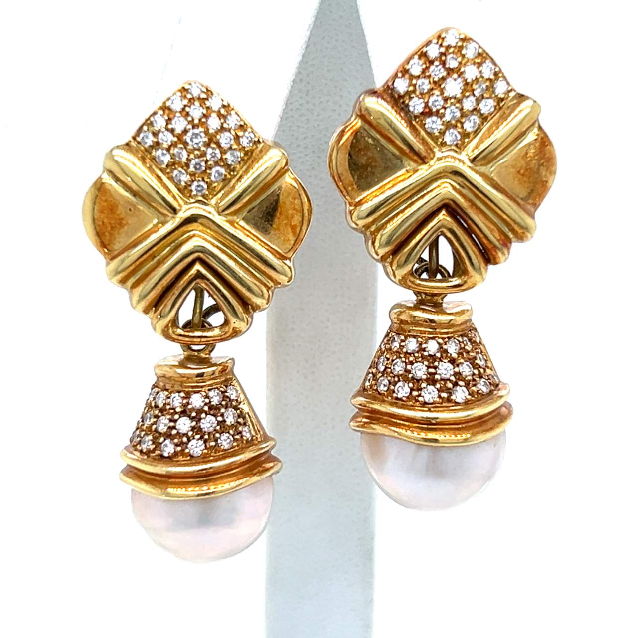 18K Yellow Gold Diamond & Cultured Pearl Earrings