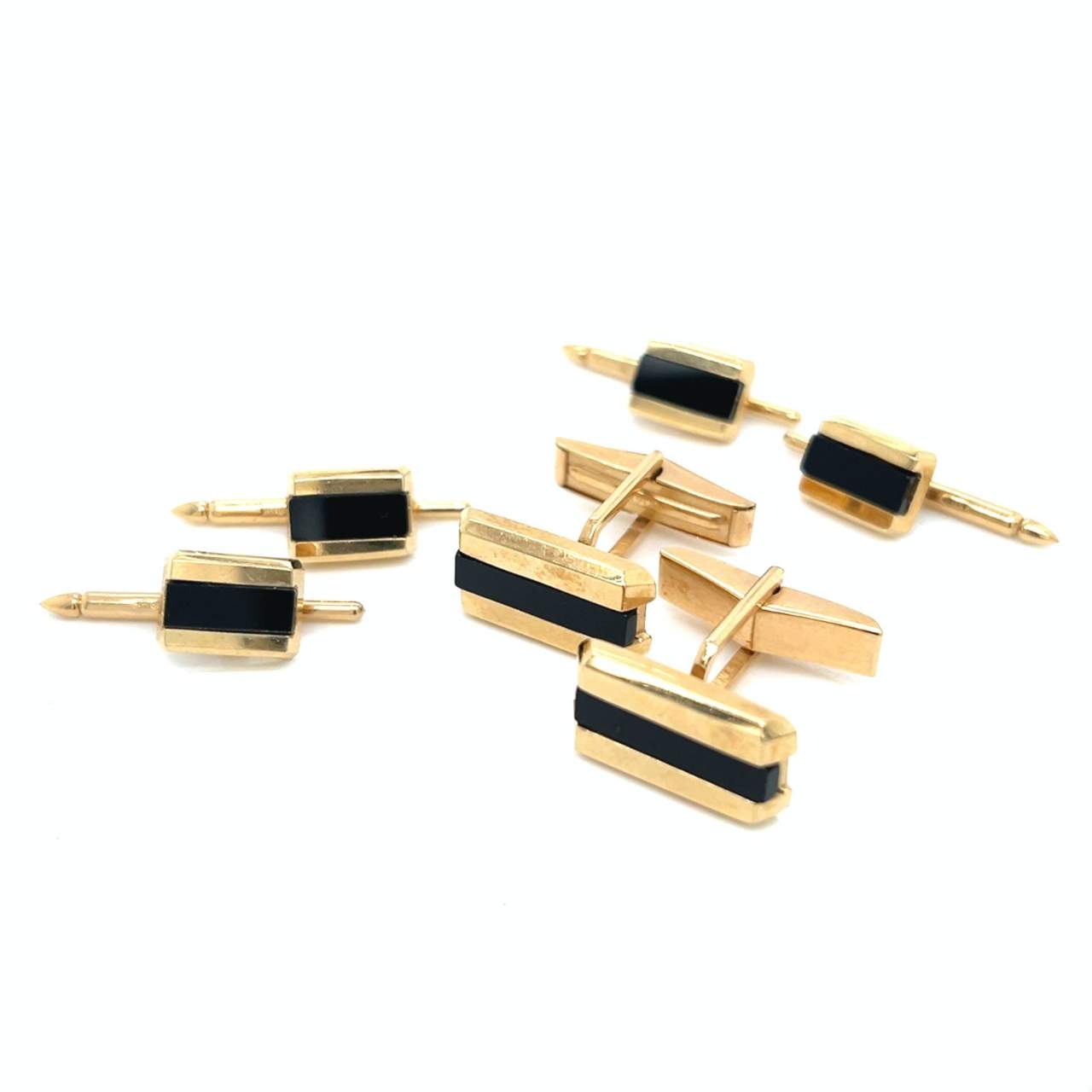 14K Yellow Gold Black Onyx Cufflink & Tuxedo Button Set