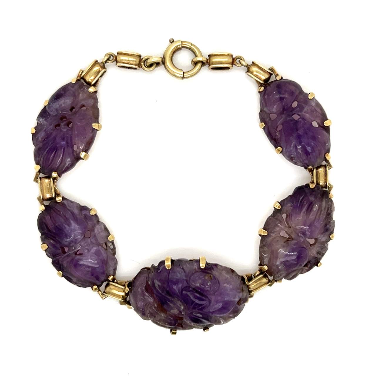 Antique 14K Yellow Gold Carved Amethyst Bracelet
